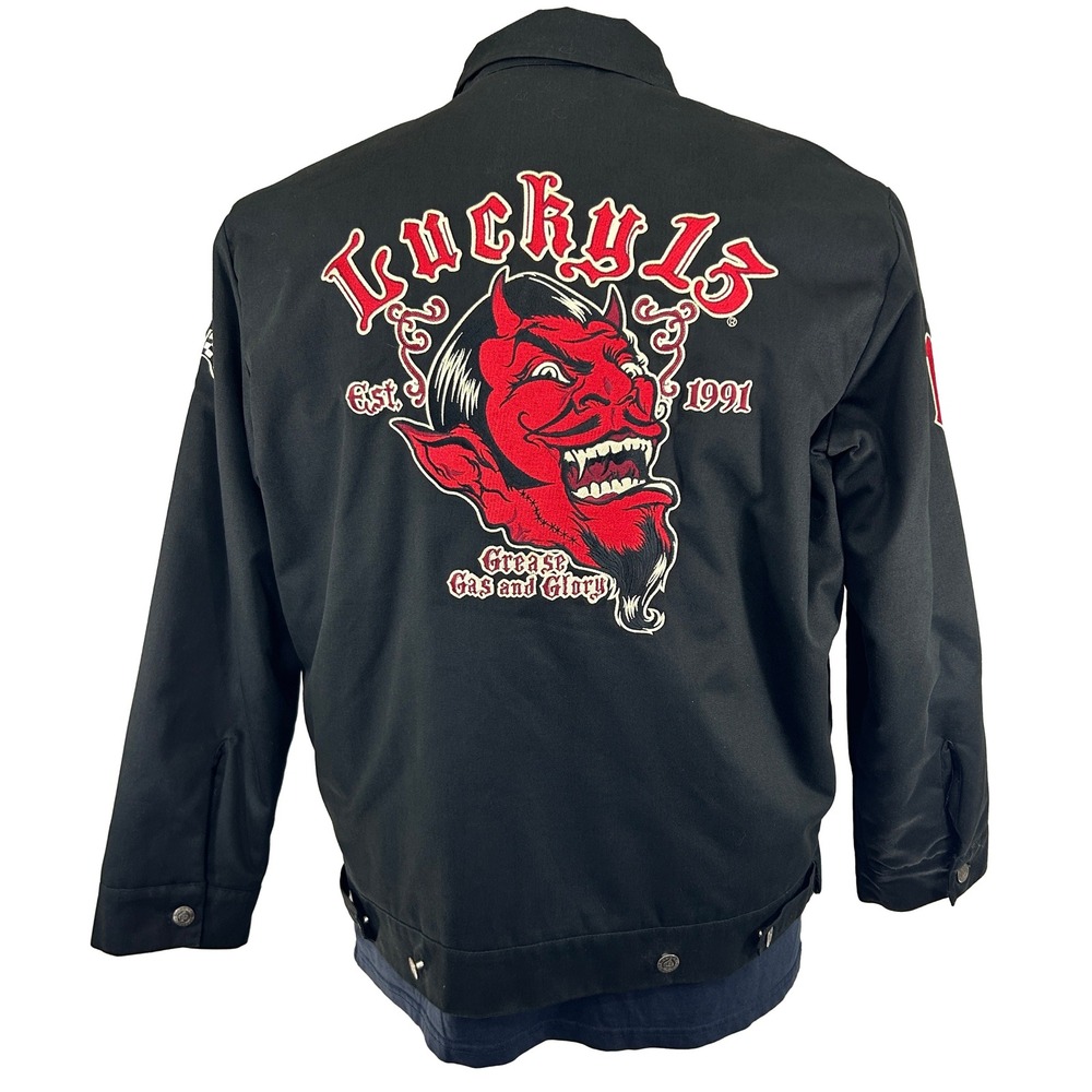 Lucky 13 Jacket Mens XL Black Grease Gas Glory Devil Embroidered Racing Workwear